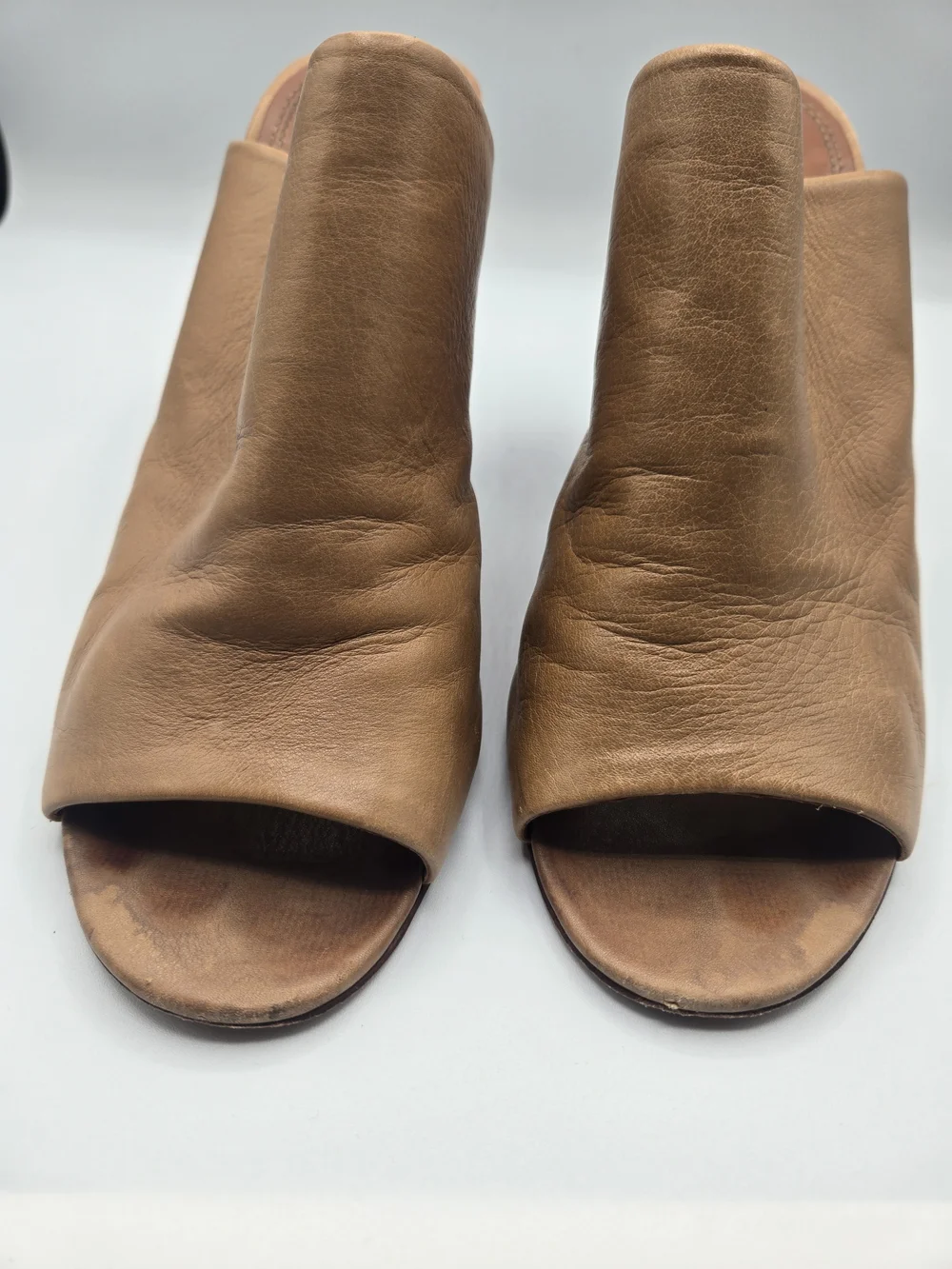 Tory Burch Tan Leather Peep Toe Mule Sandals Wooden Block Heel Size 8